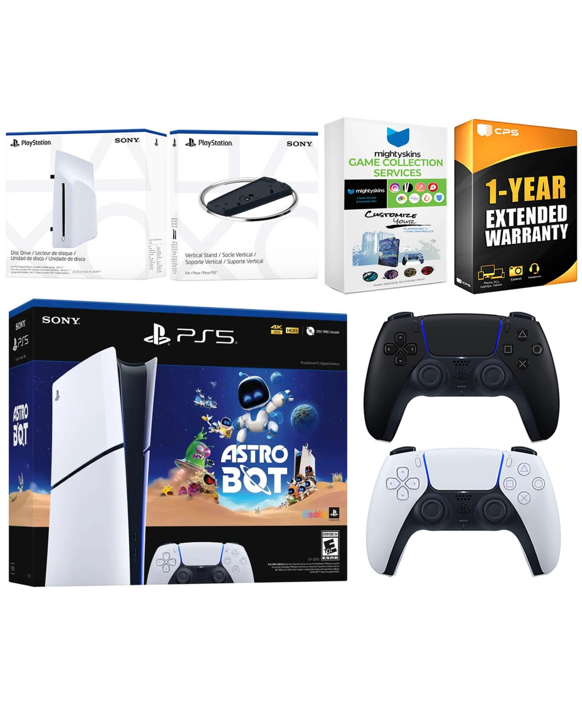 Sony PlayStation 5 Astro Bot Slim Digital Bundle with Disc Drive, Extra Controller, Vertical Stand, MightySkins Game Collection Services and 1 Year Ex