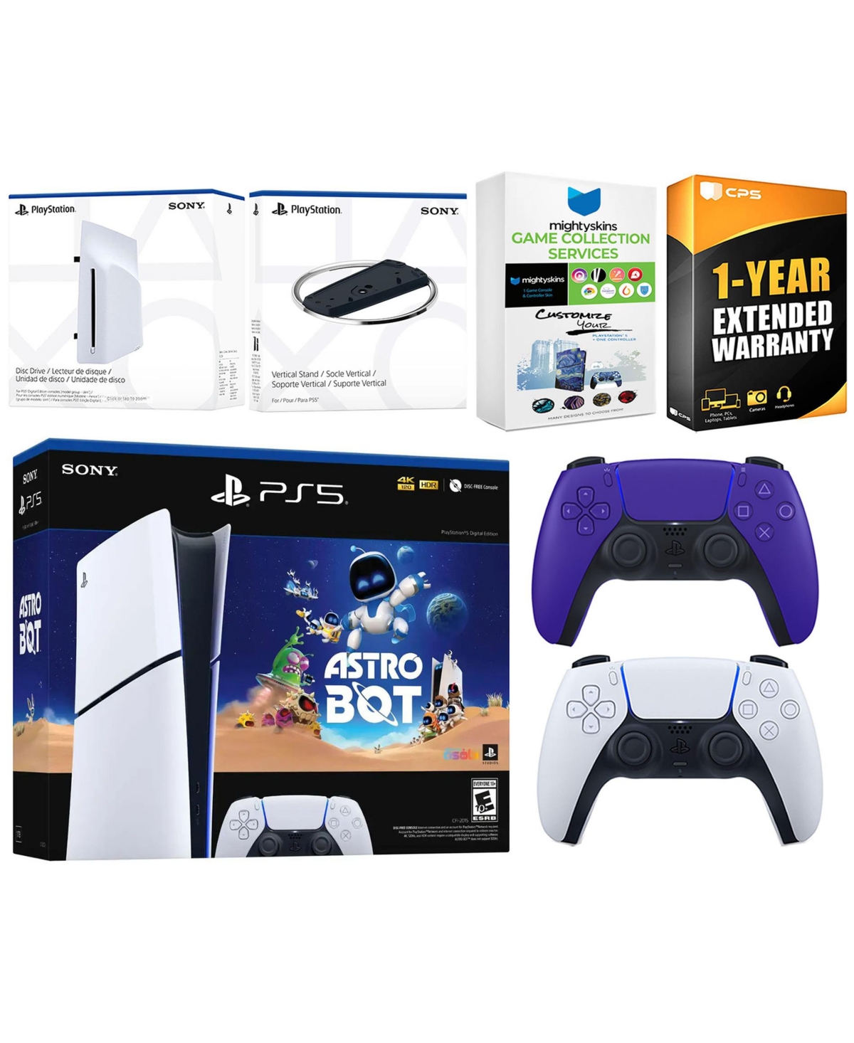 Sony PlayStation 5 Astro Bot Slim Digital Bundle with Disc Drive, Extra Controller, Vertical Stand, MightySkins Game Collection Services and 1 Year Ex