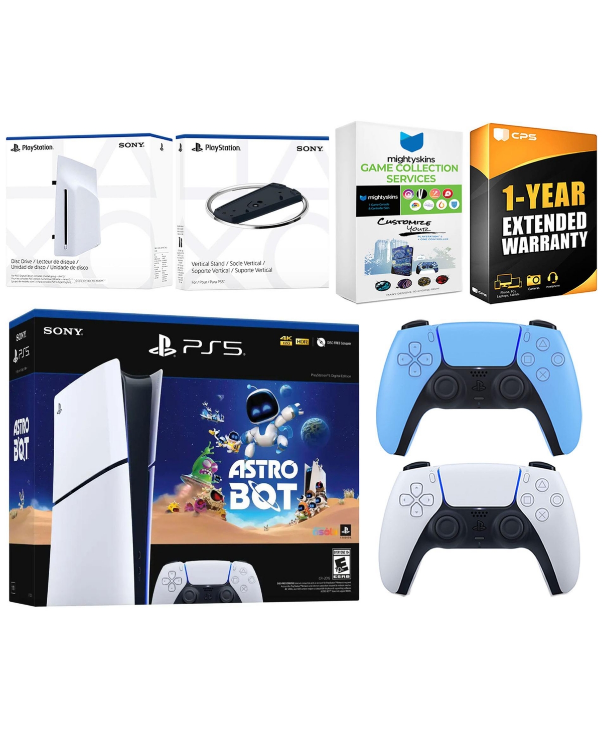 Sony PlayStation 5 Astro Bot Slim Digital Bundle with Disc Drive, Extra Controller, Vertical Stand, MightySkins Game Collection Services and 1 Year Ex