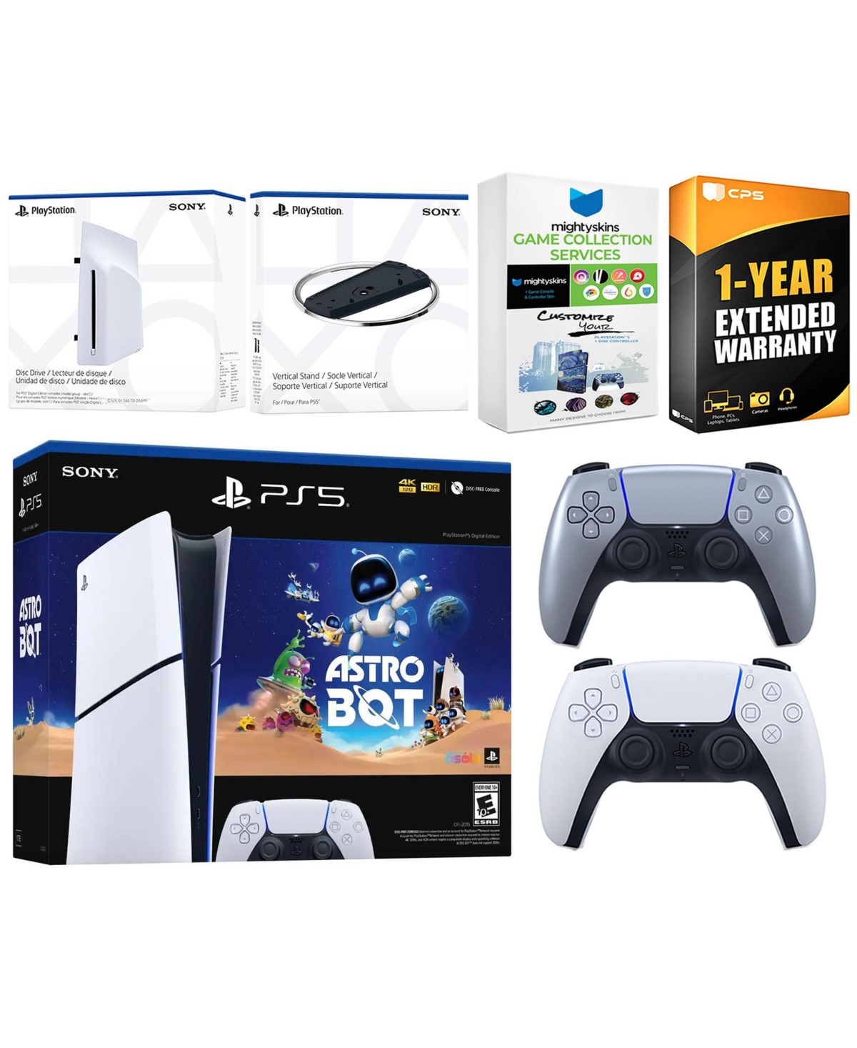 Sony PlayStation 5 Astro Bot Slim Digital Bundle with Disc Drive, Extra Controller, Vertical Stand, MightySkins Game Collection Services and 1 Year Ex