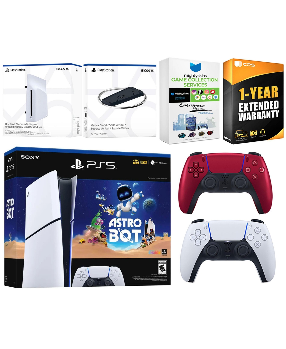 Sony PlayStation 5 Astro Bot Slim Digital Bundle with Disc Drive, Extra Controller, Vertical Stand, MightySkins Game Collection Services and 1 Year Ex