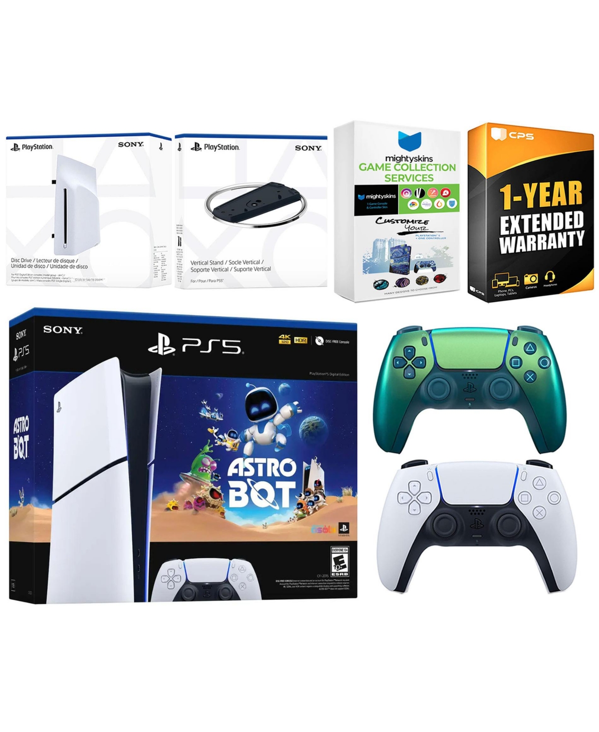 Sony PlayStation 5 Astro Bot Slim Digital Bundle with Disc Drive, Extra Controller, Vertical Stand, MightySkins Game Collection Services and 1 Year Ex