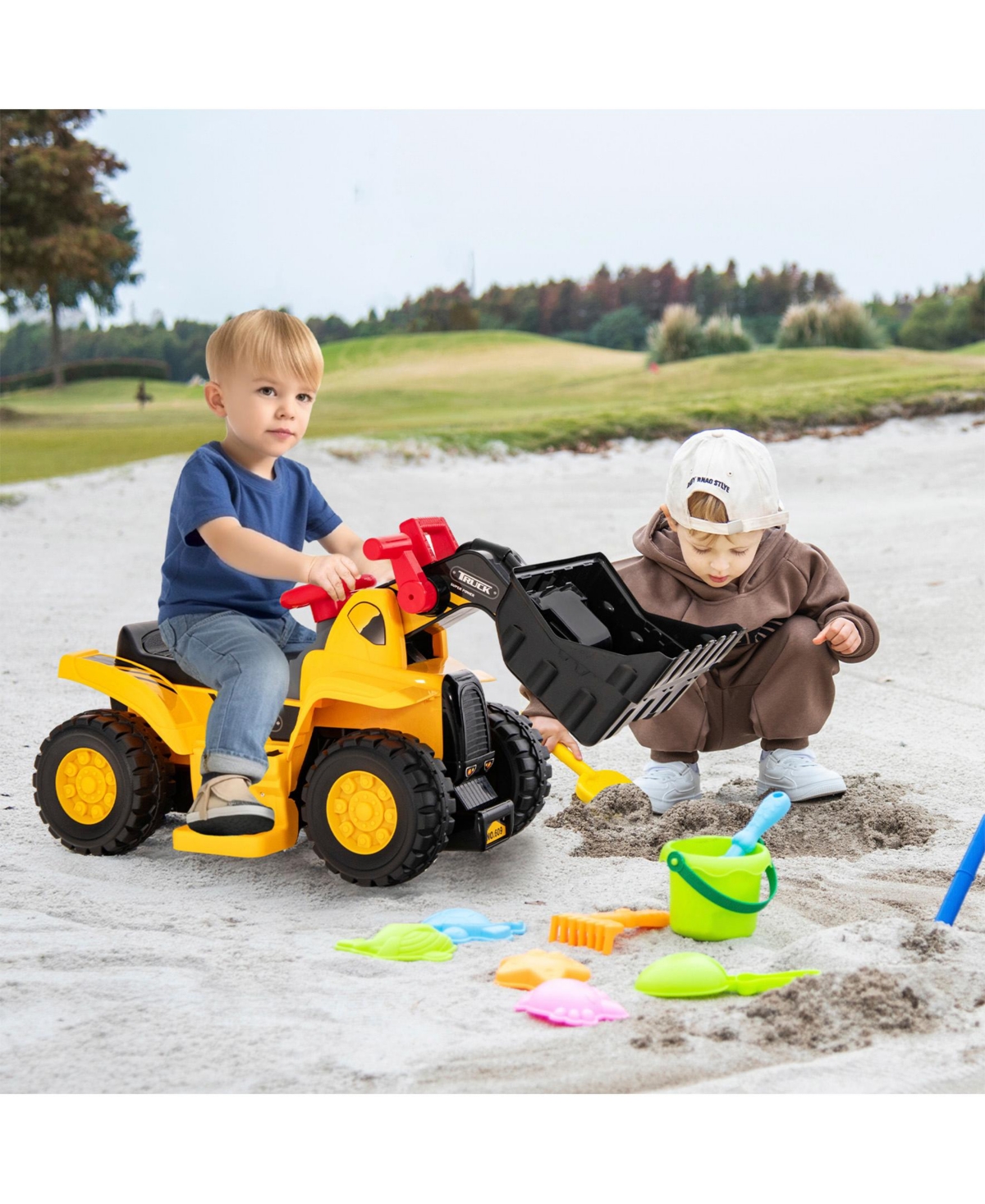 6V Kids Ride On Bulldozer with Folding Basketball Hoop and Balls