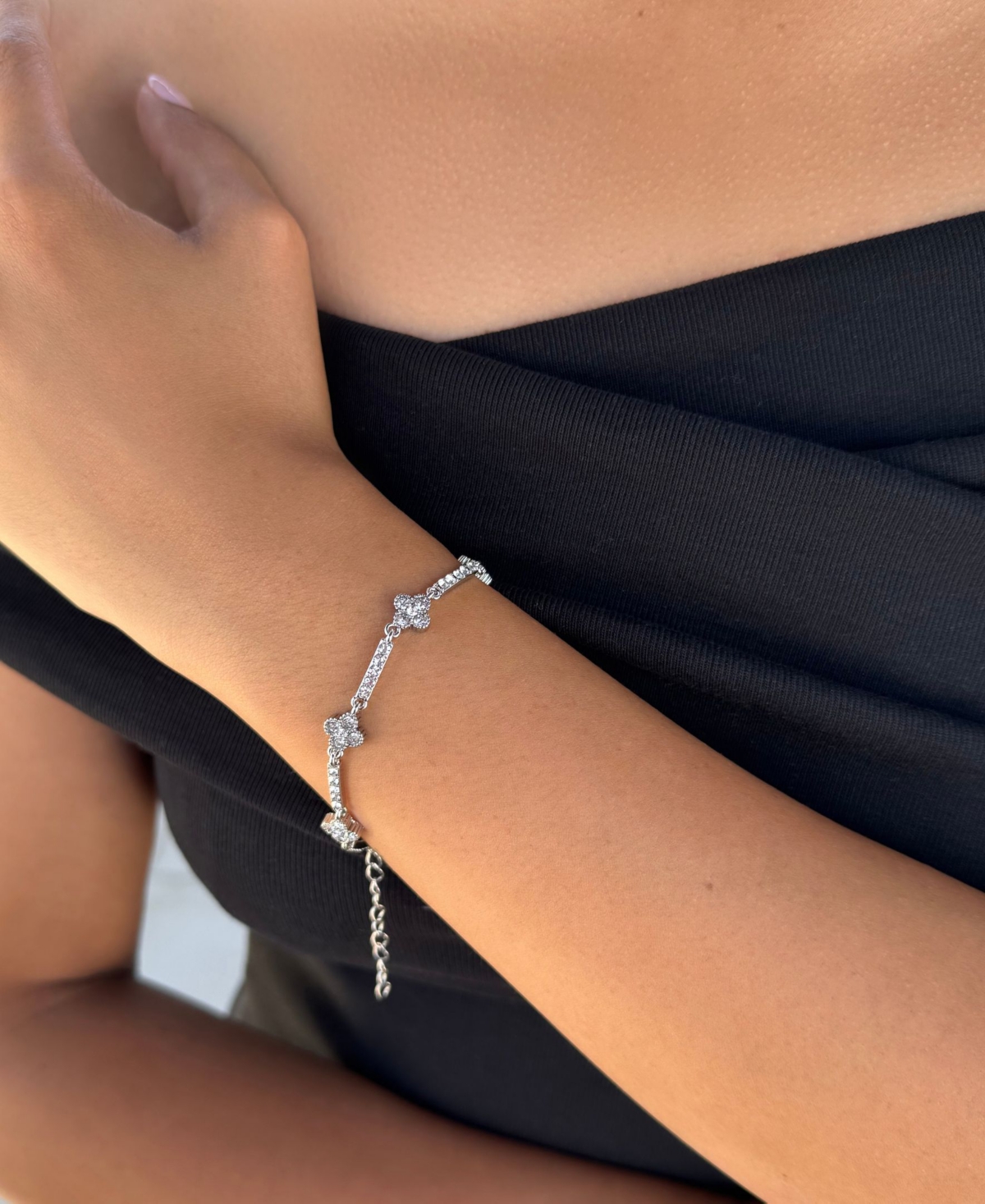 Adornia Silver Crystal Clover Tennis Bracelet In White