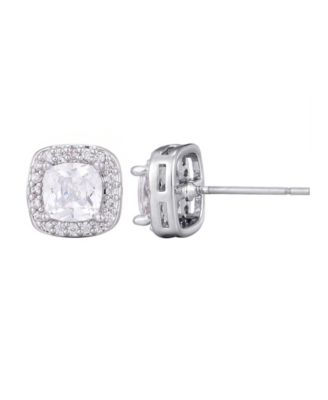 Silver Plated Cubic Zirconia Cushion Halo Stud Earrings