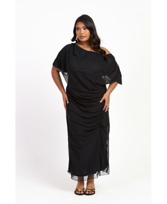 Women's Drop Shoulder Ruched Mesh Midaxi Dress