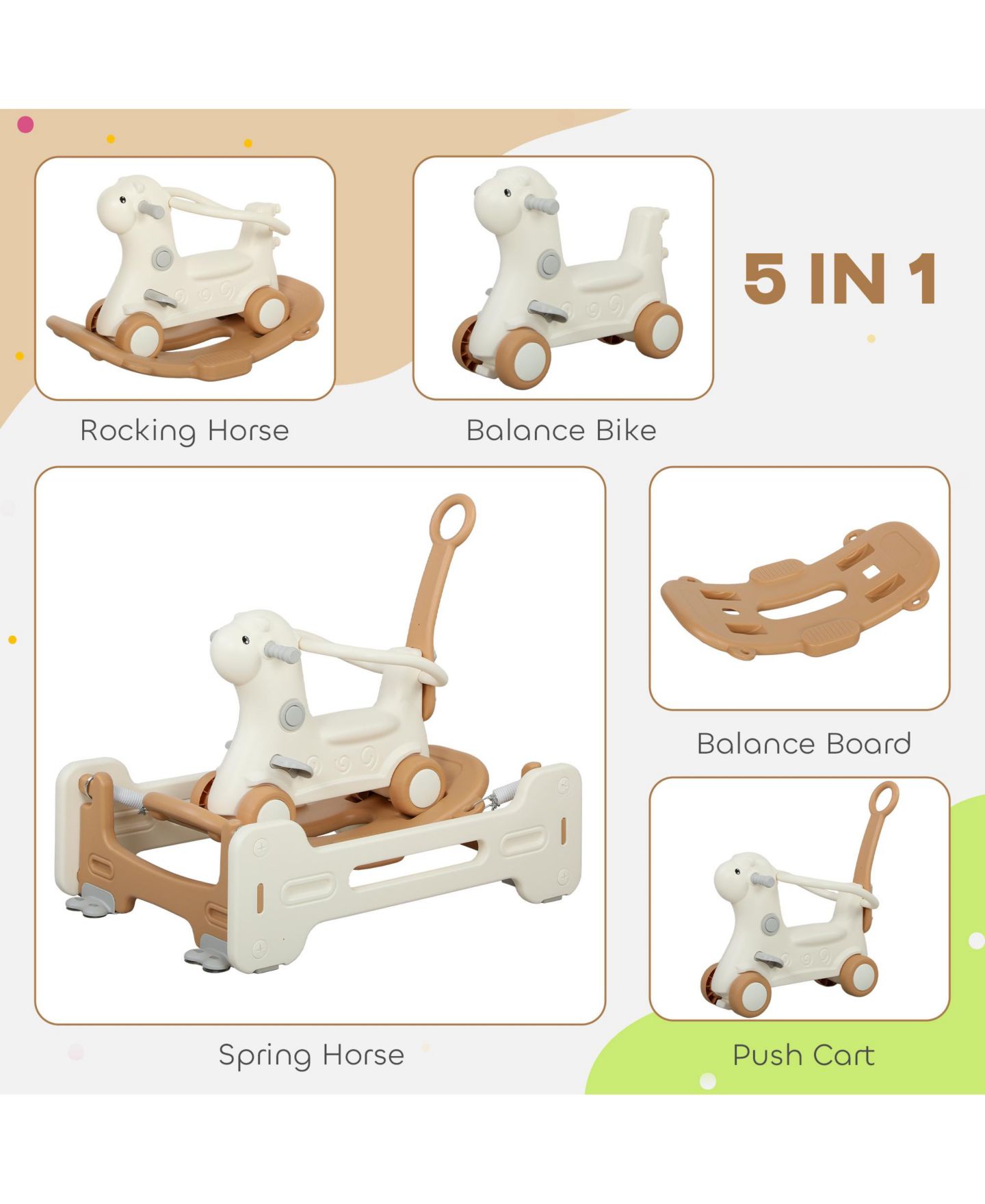 Детская игрушка Qaba 5 in 1 Rocking Horse for Kids 1-3 Years w/ Balance Board, цвет: Коричневый — фото 3
