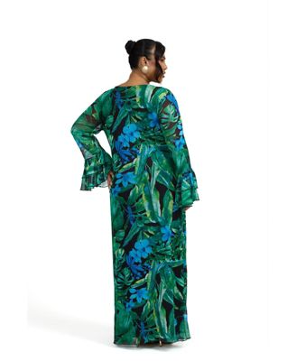 Women's Ruffle Cowl Neck Palm Print Maxi Dress