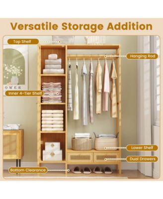 Bamboo Clothing Rack with Cabinet Hanging Rod Storage Shelf &amp; Drawers for Foyer