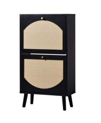 Two Dump Buckets Shoe Cabinet with High-Leg Frame and Original Wood Rattan Surface