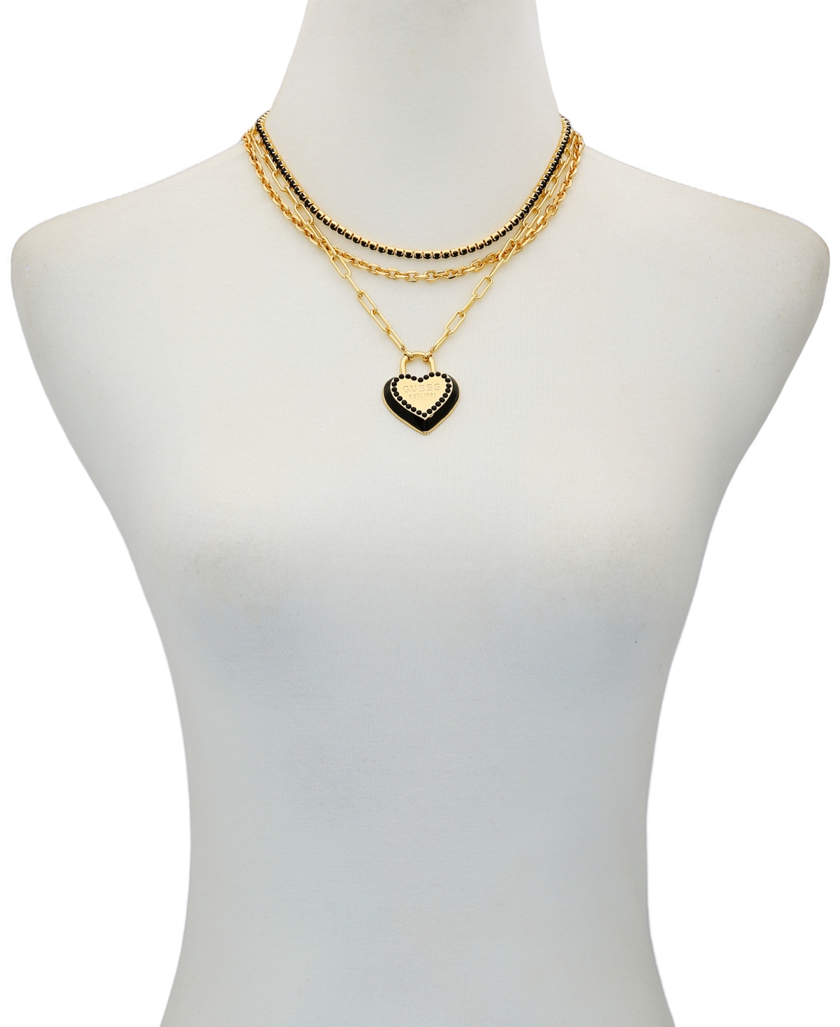 Guess Glass Stone Gold-tone Triple Layered Crystal Heart Charm Necklace In Gold