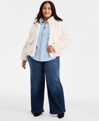 Trendy Plus Size Solid Faux-Fur Bomber Jacket, Macy's Exclusive