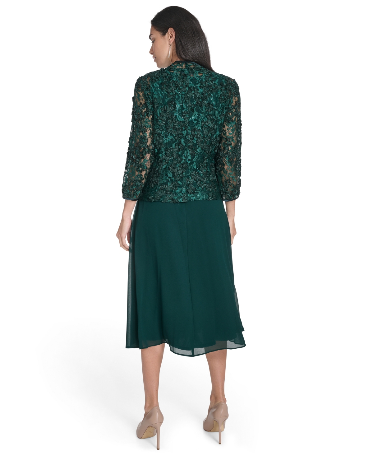 Jessica Howard Petite Lace Jacket & Chiffon Midi Dress Set In Green
