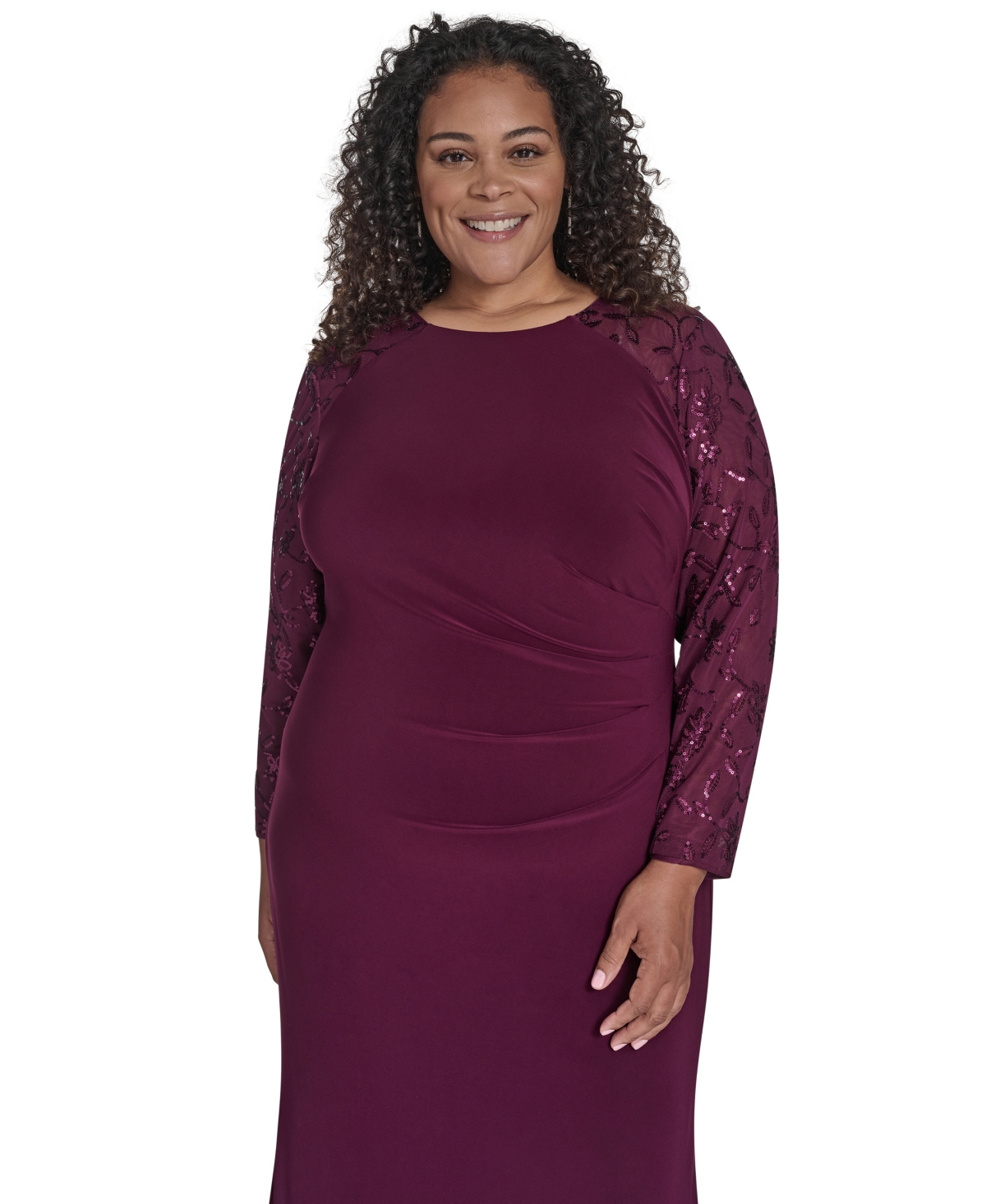 Jessica Howard Plus Size Raglan Sleeve Combo Gown In Burgundy