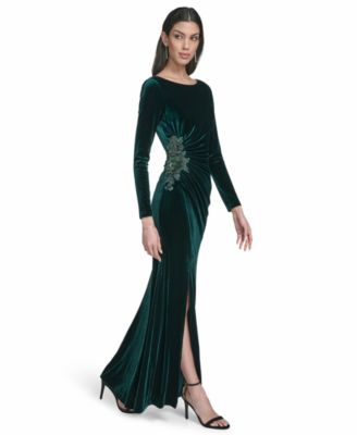 Women's Velvet Side Ruched Sleeve Gown