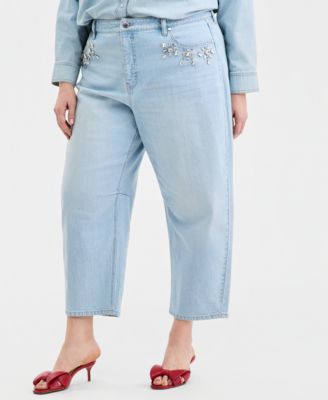On 34th - Trendy Plus Size Embellished Cropped Barrel-Leg Jeans