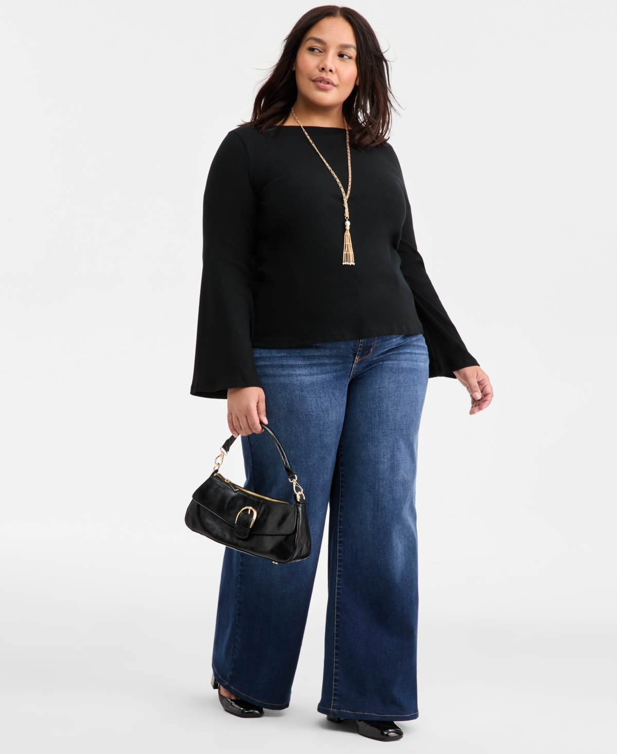 On 34th Trendy Plus Size Rib-knit Boat-neck Bell-sleeve Top, Macy's Exclusive In Black