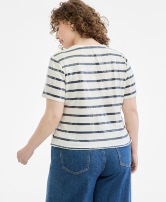 Plus Size Crewneck Printed Base Stripe Sequin T-Shirt, Macy's Exclusive