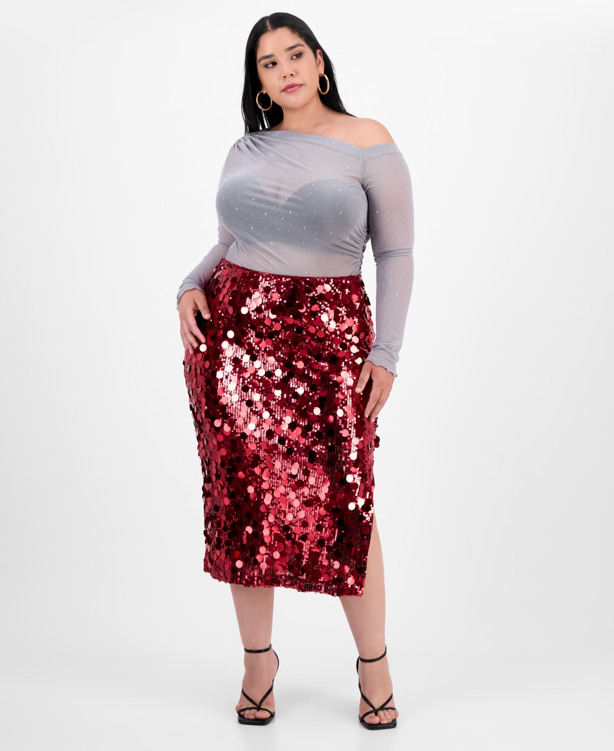 Bar Iii Trendy Plus Sequin Side-slit Midi Skirt In Gray