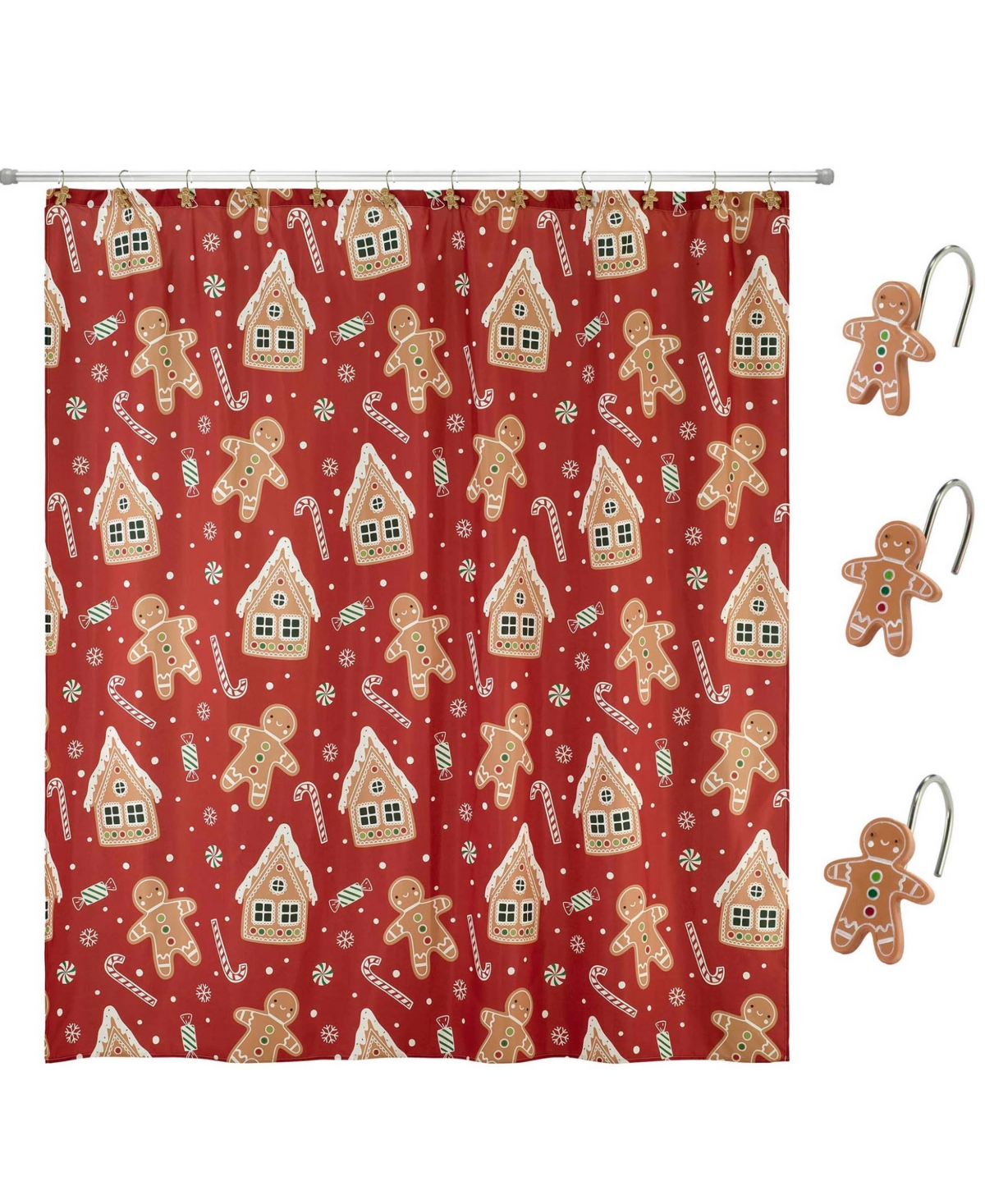 Avanti Gingerbread Man Shower Curtain And 12-pc. Shower Curtain Hooks Set In Red