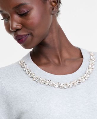 Women's Short-Sleeve Embellished-Neck Sweater, Macy's Exclusive
