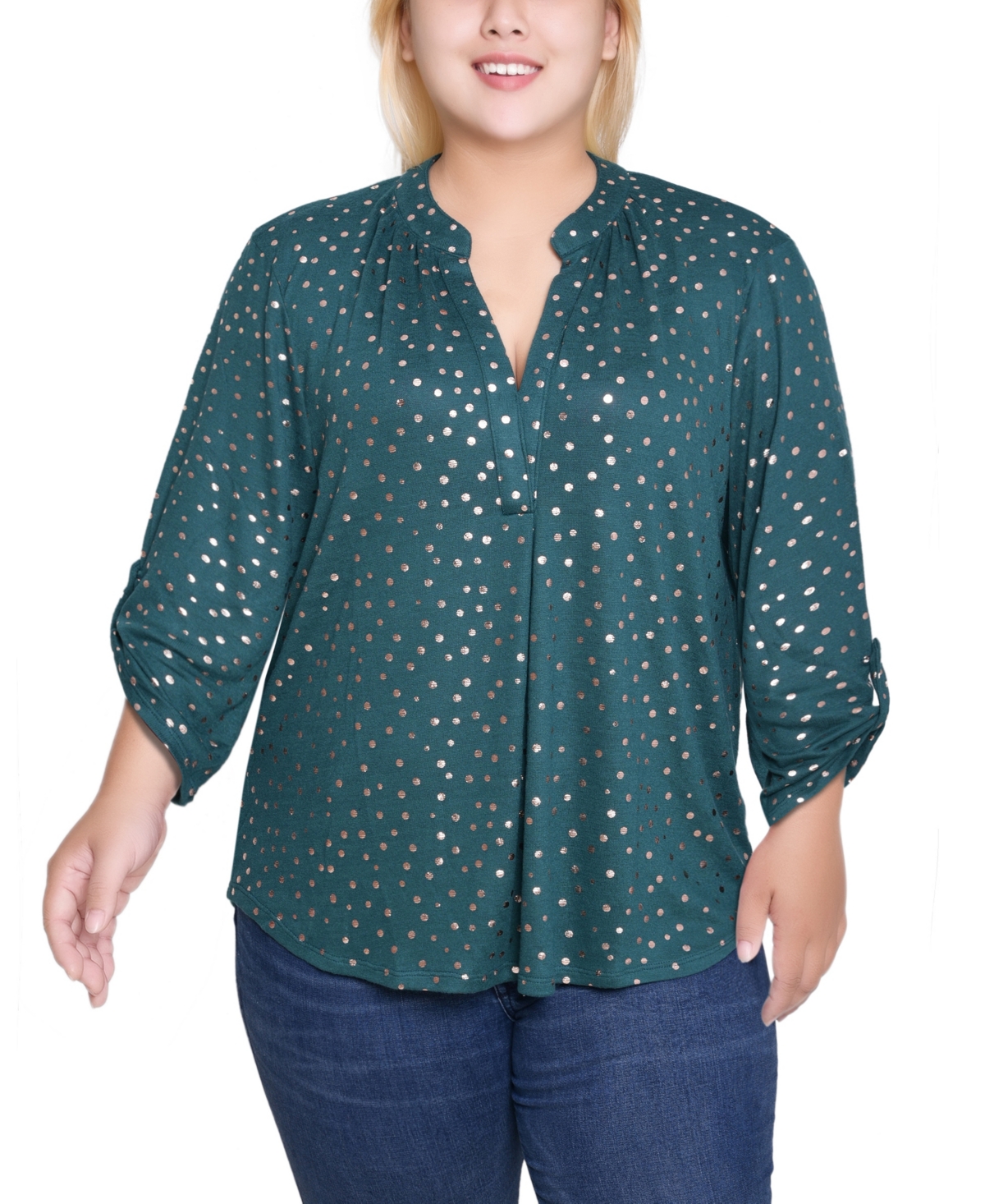 Ny Collection Plus Size Long Roll Tab Sleeve Tunic Top
