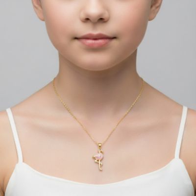14K Gold Plated with Pink & White Enamel Flamingo Pendant Necklace