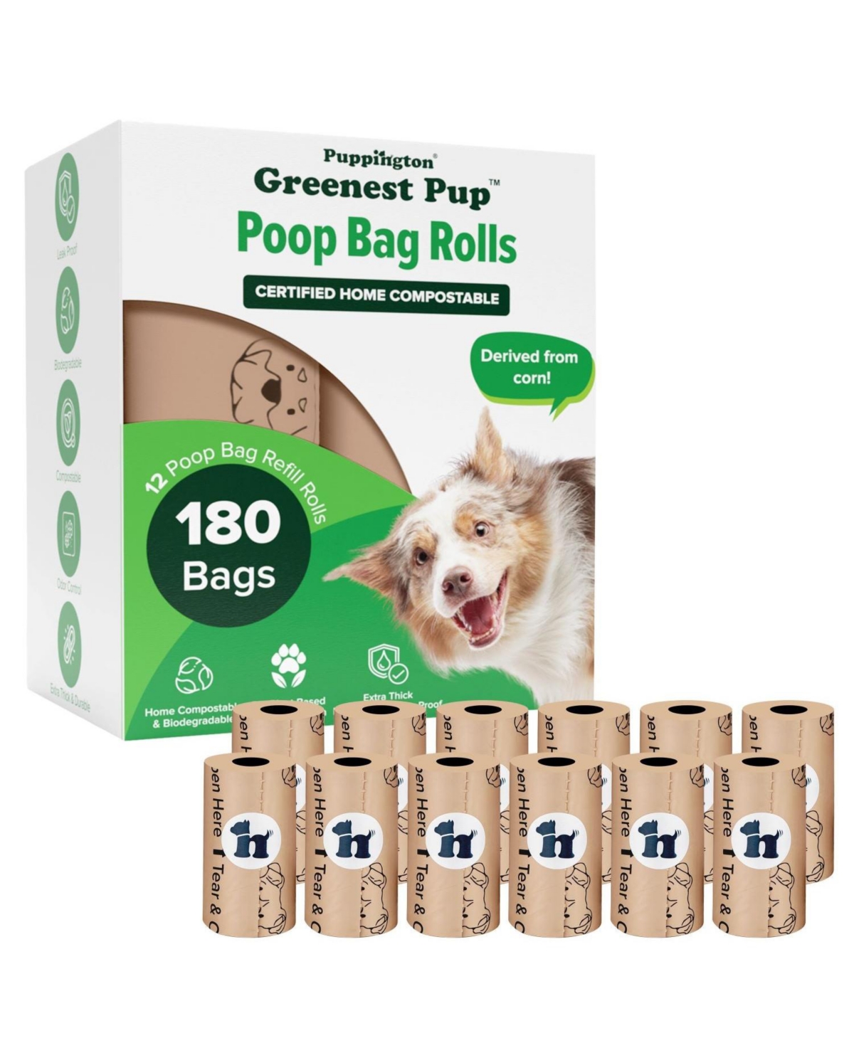 Puppington Compostable Dog Poop Bags, 180 Bags, Latte Beige