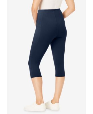 Women's Plus Size Stretch-Cotton Knit Pull-On Pocket Capri Leggings