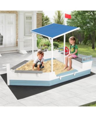 Fir Wood Sandbox with Sloping Canopy Liner Multiple Seats Large Storage Space