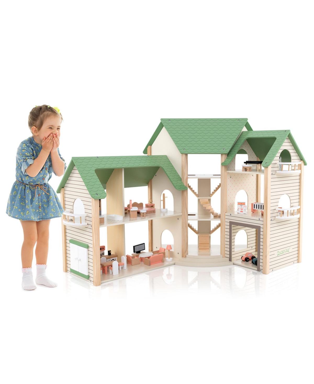 Wooden Corner Dollhouse Playset with 6 Rooms and 36 Pieces for Kids 3+ Years Old