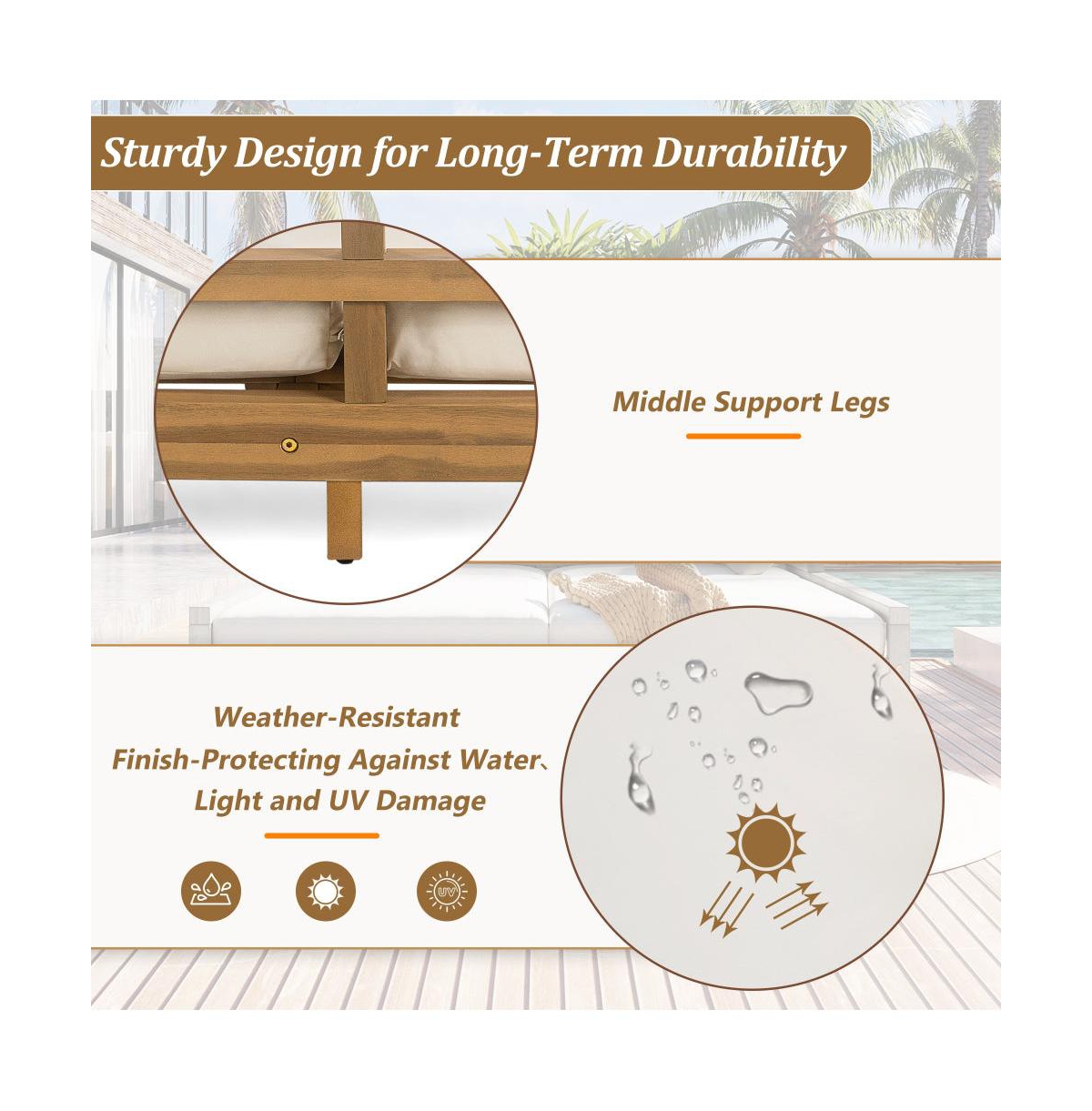 Chic Crate-Outdoor Teak Daybed Chaise Lounges 4 Pillows & Curved Armrests | Patio & Garden Multi-Use | Light Teak & Beige Cushion