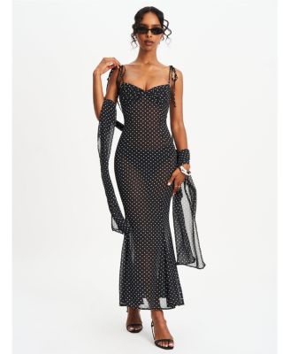 Women's Yadira Black Base Polka Dot Chiffon Maxi Dress