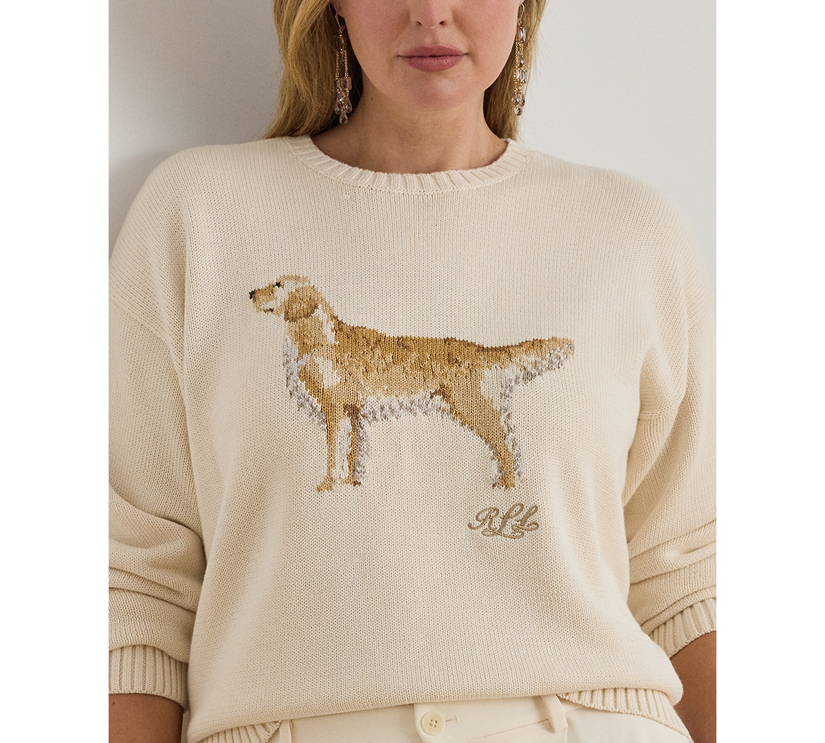 Ralph Lauren Plus Size Intarsia-knit Golden Retriever Crewneck Sweater In Brown