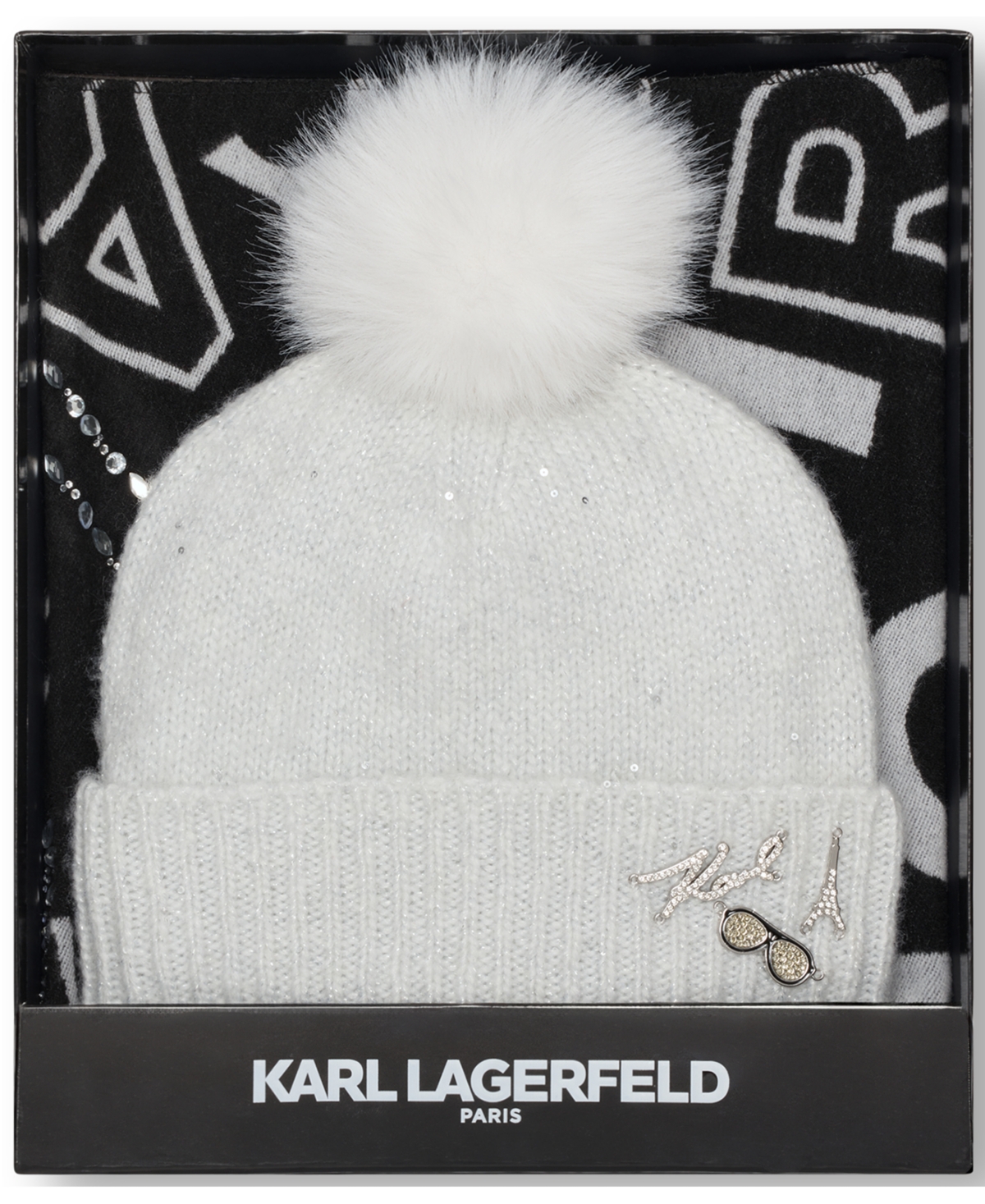 Karl Lagerfeld Paris Women's 2-Piece Karl Jumble Muffler And Sequin Knit Beanie Gift Set - Black