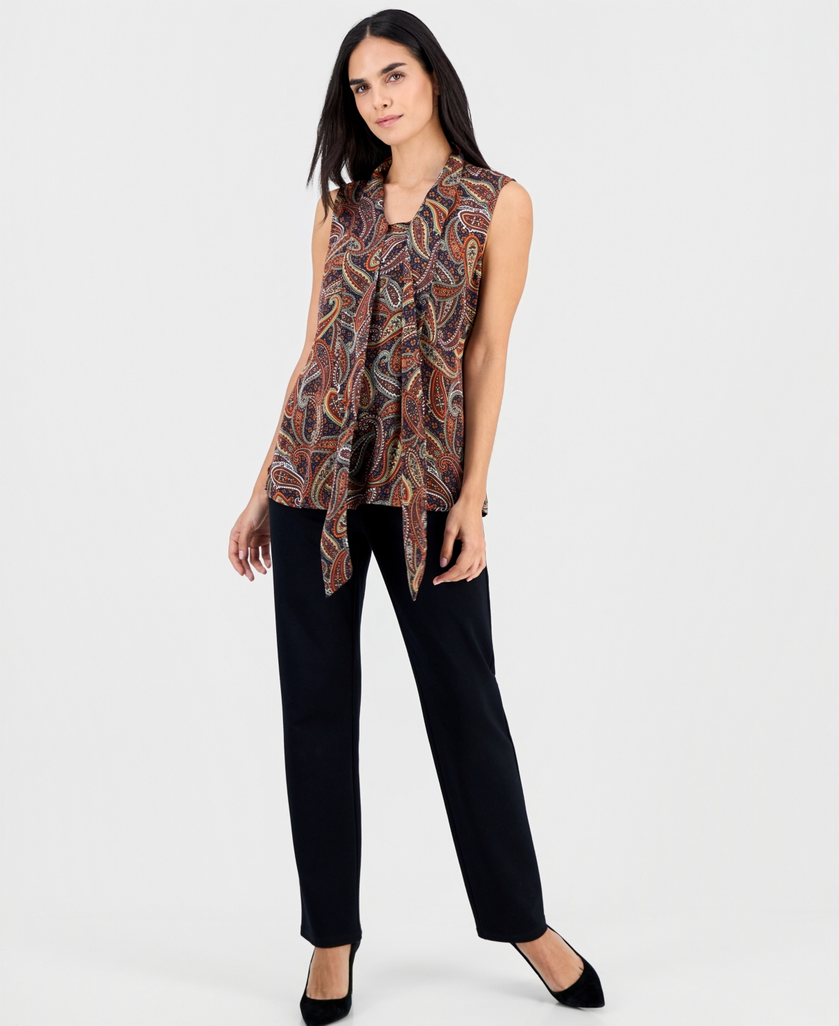 Tahari Asl Petite Paisley Print Sailor Tie Blouse In Multi