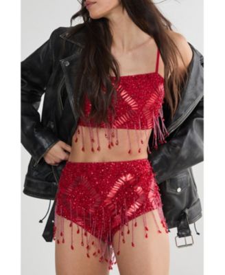 Women's Embellished Tassel Beaded Crop Top