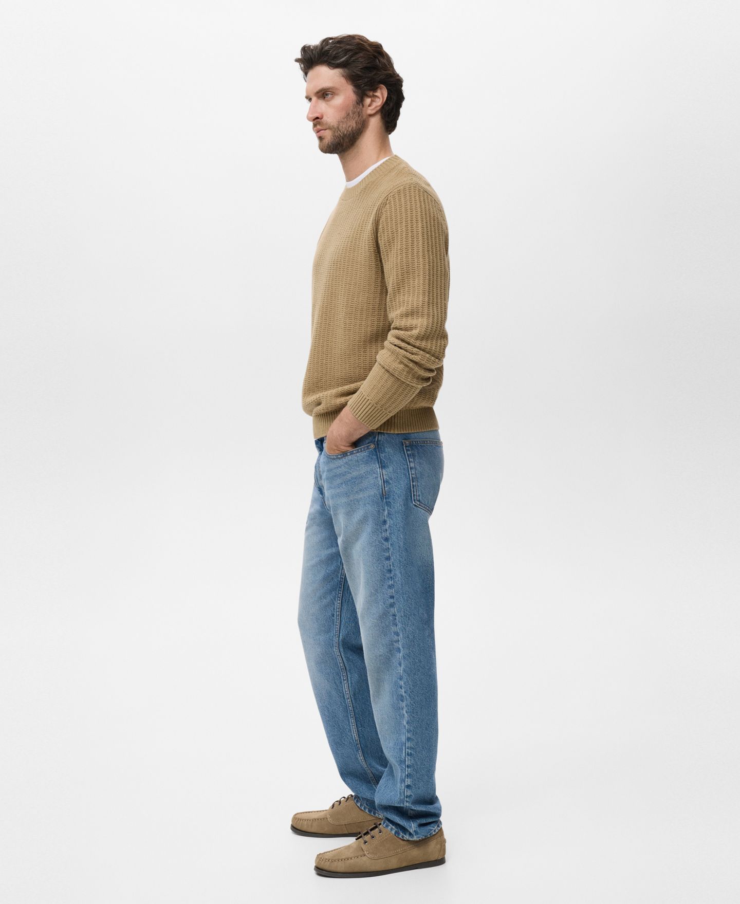 Мужской свитер MANGO Cotton Knitted, цвет: Бежевый — фото 3