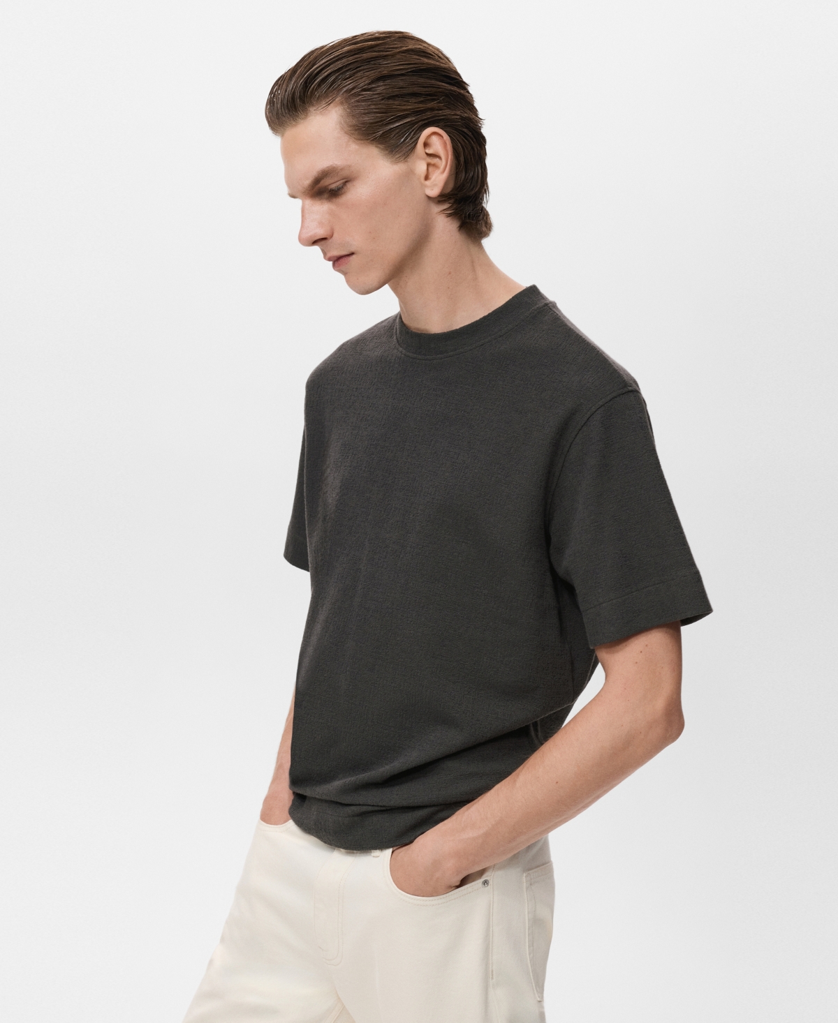 Mango Men's Textured Cotton T-shirt In Gray