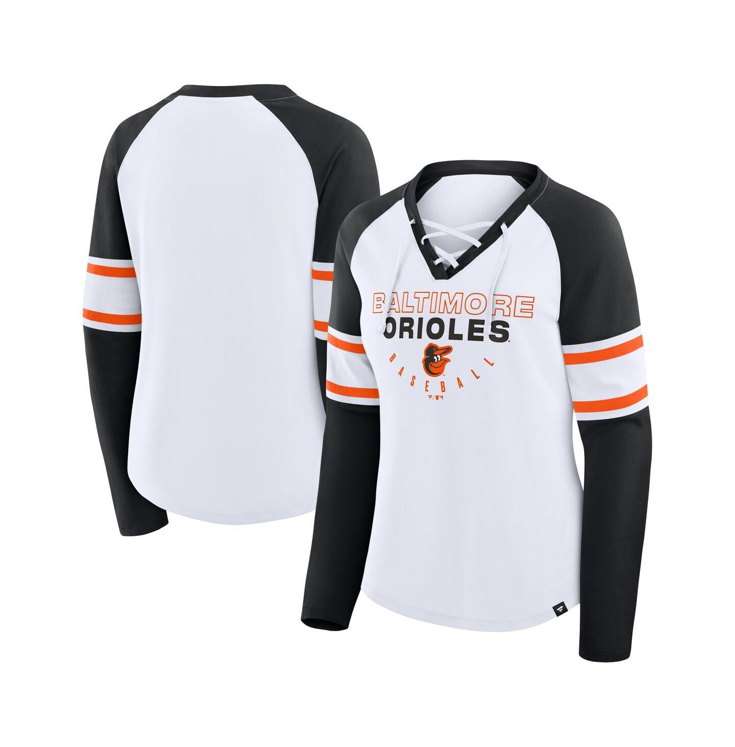 Женская футболка Fanatics White/Black Baltimore Orioles Blitz Package Raglan Lace-Up V-Neck Long Sleeve — фото 1