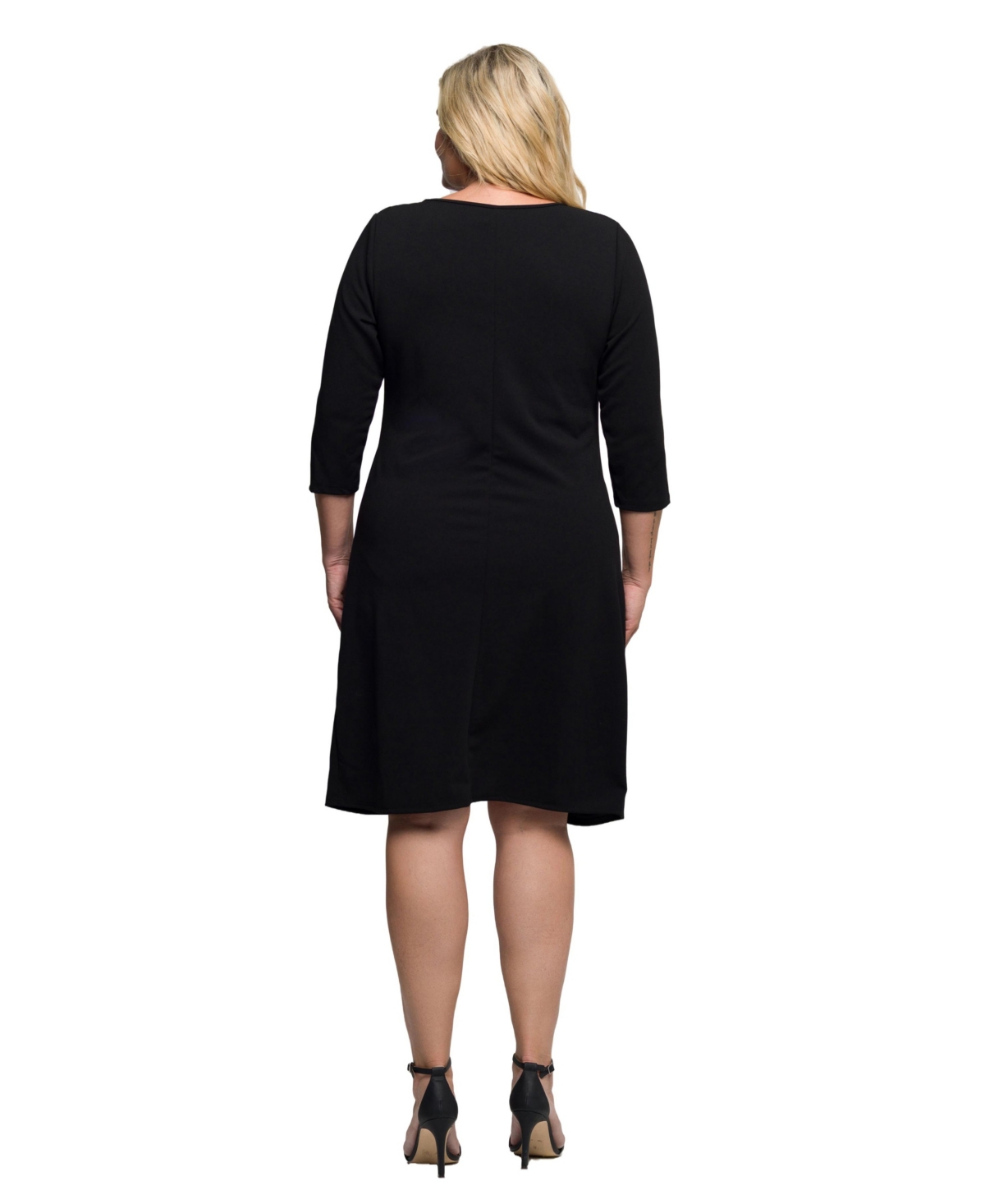 24seven Comfort Apparel Plus Size Three Quarter Sleeve Ruched Tulip Hem Mini Dress In Black
