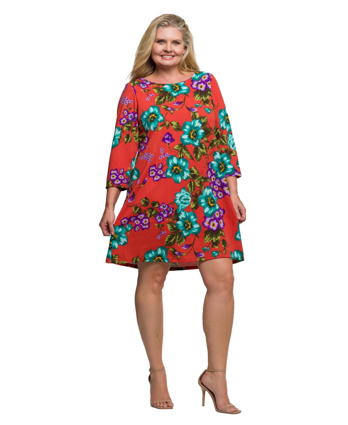 24seven Comfort Apparel Plus Size Orange Floral Print Three Quarter Sleeve A Line Knee Length Dress In Multi