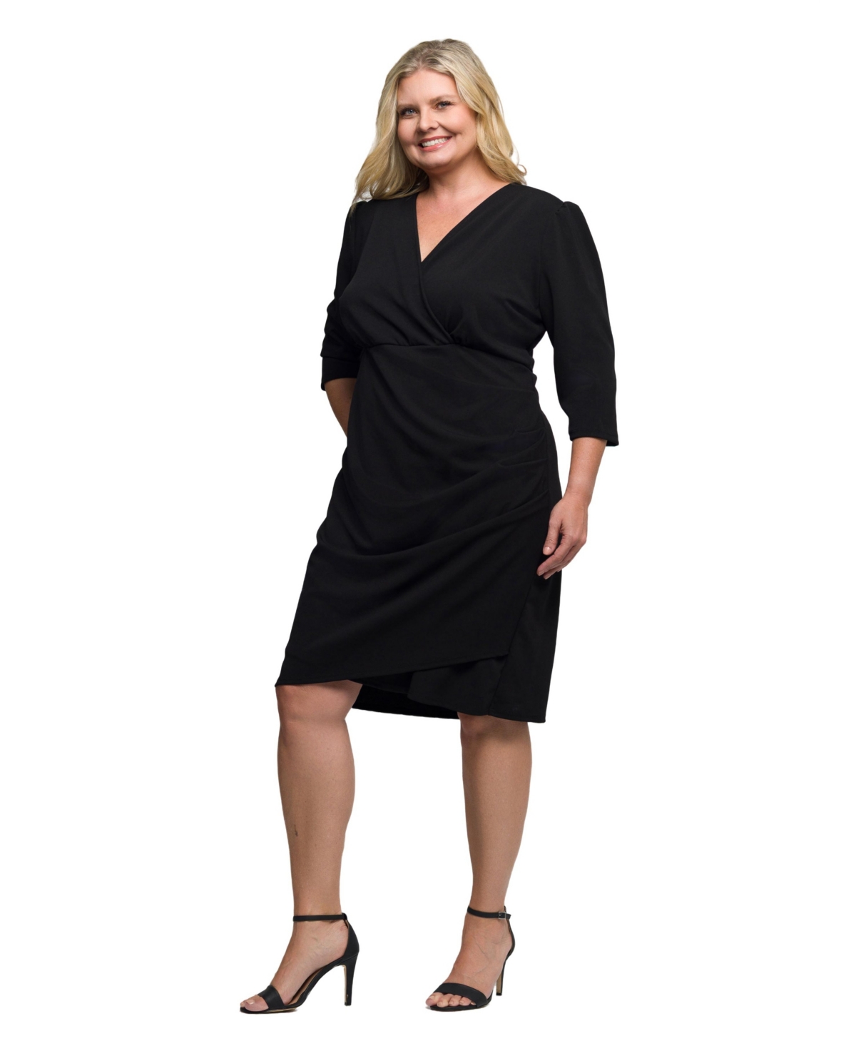 24seven Comfort Apparel Plus Size Solid Color V Neck Faux Wrap Dress In Black