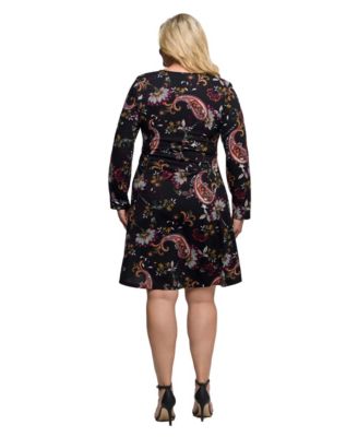 Plus Size Black Paisley Print Long Sleeve Fit and Flare Dress
