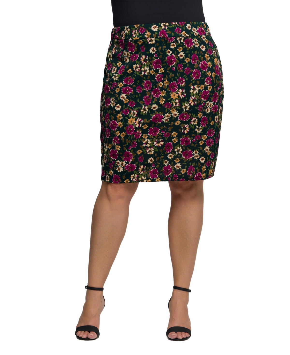 24seven Comfort Apparel Plus Size Floral Print Knee Length Pencil Skirt In Multi