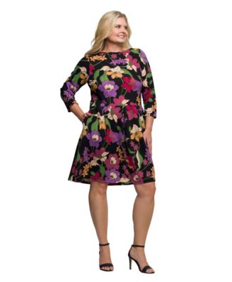 Plus Size Black Multicolor Floral Fit and Flare Pocket Knee Length Dress