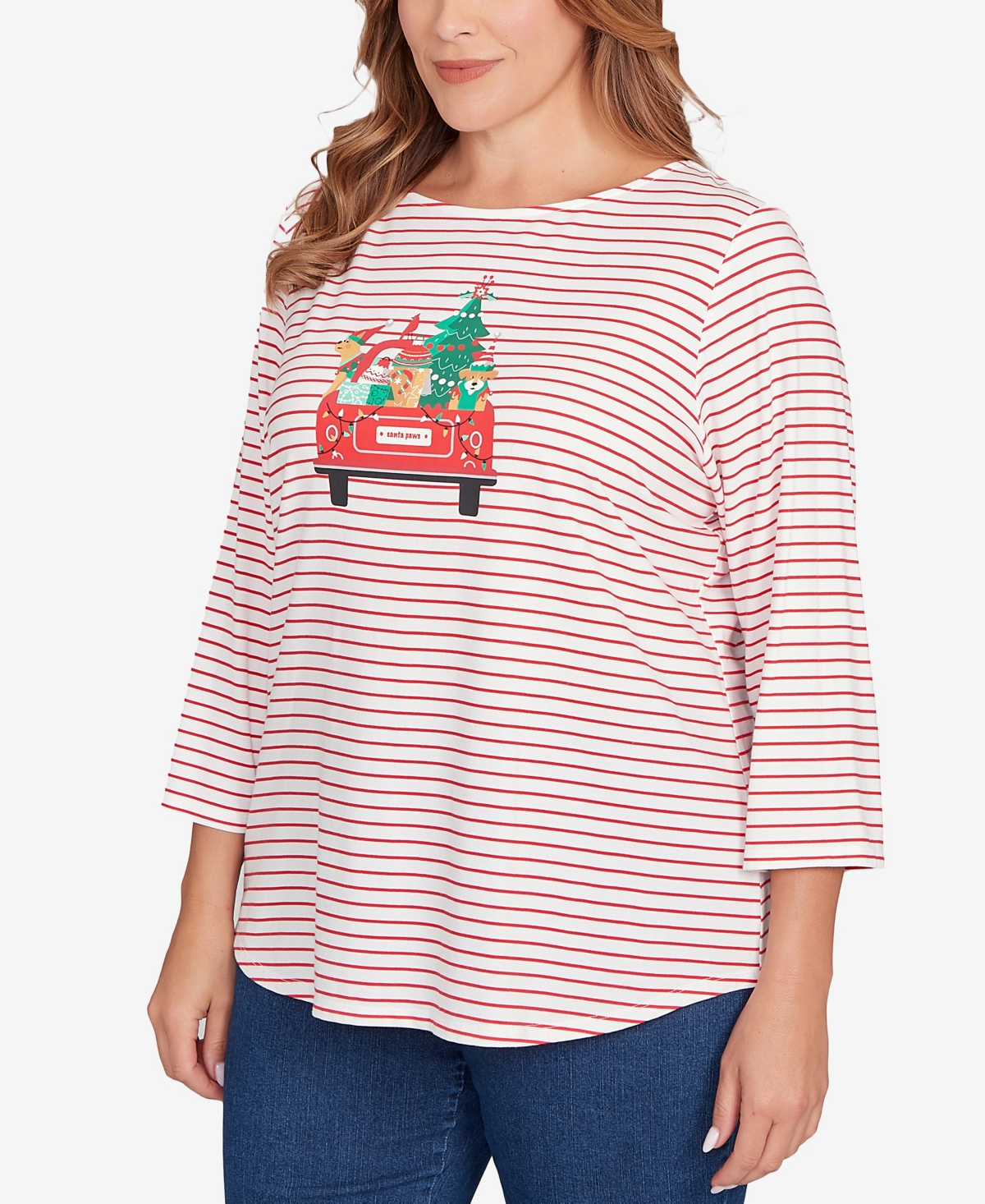 Ruby Rd. Plus Size Christmas Truck Striped Knit Top In Neutral
