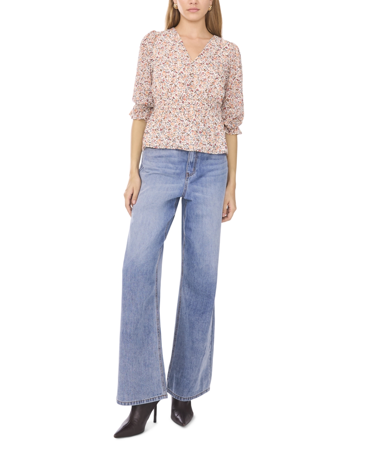 1.state Women's Smocked Waist 3/4-Sleeve Button Down Blouse