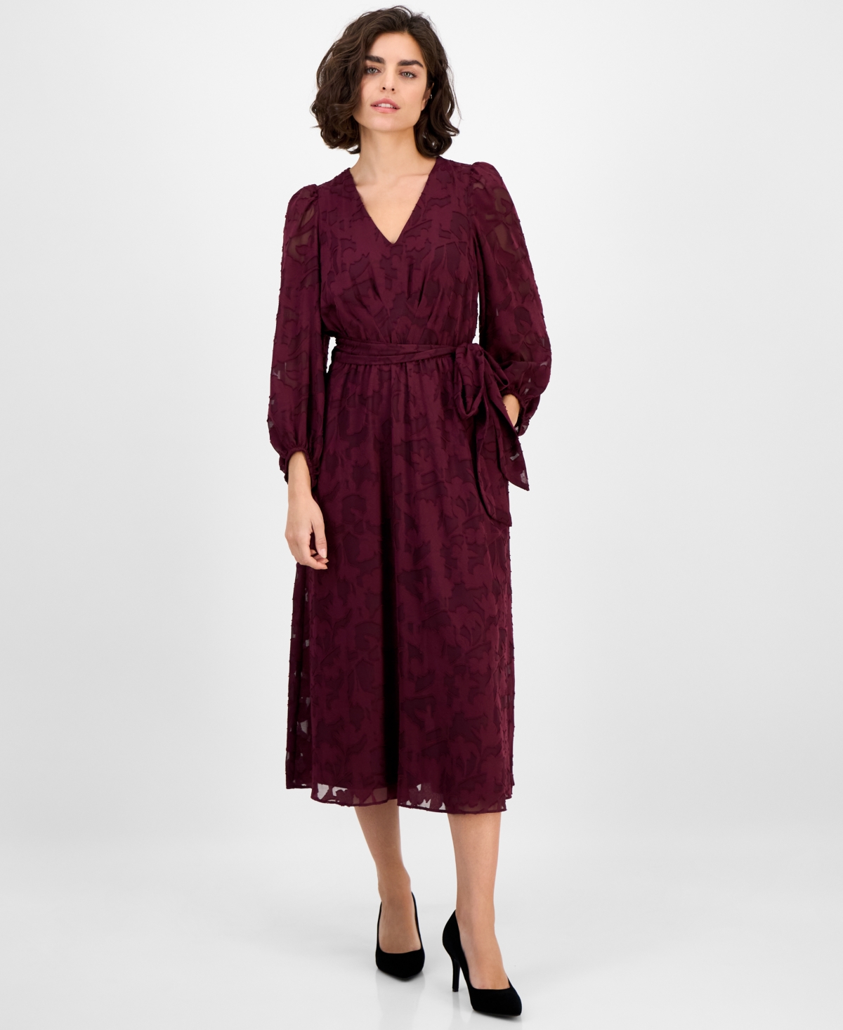 Anne Klein Floral Appliqué Long Sleeve Dress In Burgundy