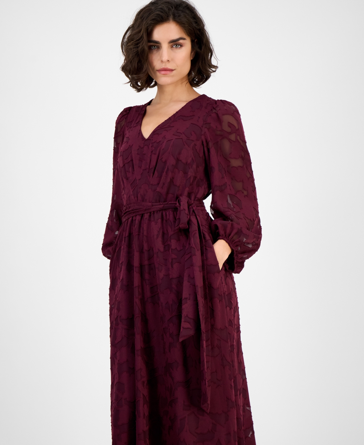 Anne Klein Floral Appliqué Long Sleeve Dress In Burgundy